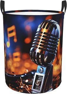 Microphone With Music Notes Print Laundry Hamper Circular Laundry Basket Round Foldable Storage Basket Dirty Clothes Organizer Storage Bin With Handles For Office Living Room Bathroom Car