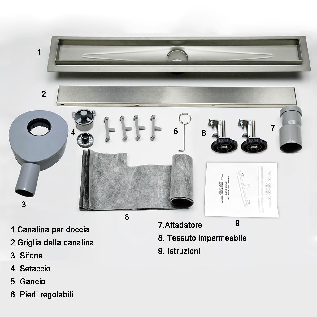 Canalina Di Scarico A Pavimento In Acciaio Inox 60 Cm - Rettangolare Con Filtro Antiodore E Rivestimento Rimovibile