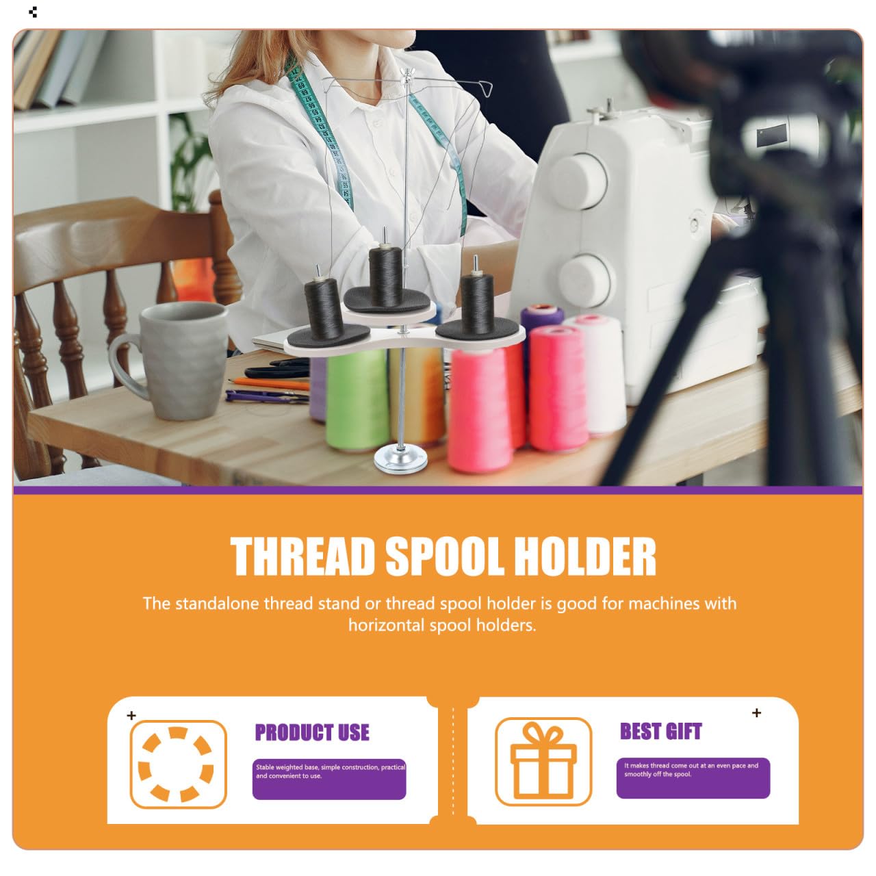 PACKOVE Support de Bobines Réglable pour Machine à Coudre – Porte-Fils Conique 3 Bobines en Fer Robuste Base Lestée Stable – Fournitures de Broderie et Quilting Adaptées aux Ateliers