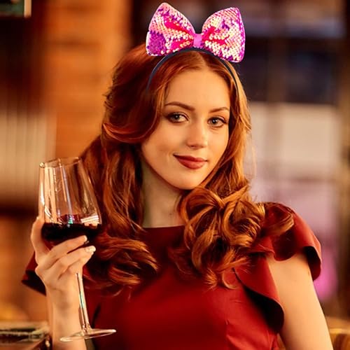 Miniatura 4 de Kistreao Diadema de lazo láser con purpurina para el cabello lazo y lentejuelas para niñas mujeres escuela despedidas de soltera rojo láser