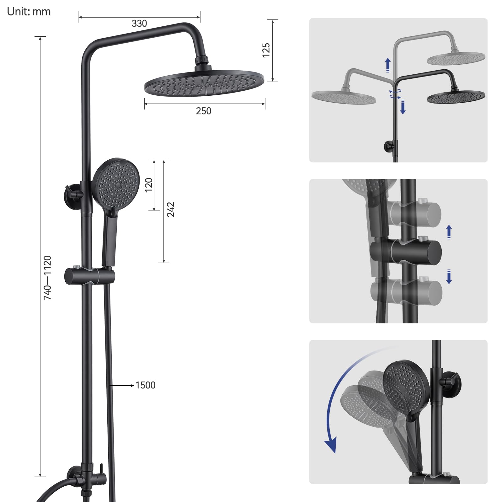 Set Doccia SCHÜTTE RAVEN - Asta Doccia Nera 70 Cm, Soffione 3 Getti, Tubo 150 Cm - Serie Black - Foto 2