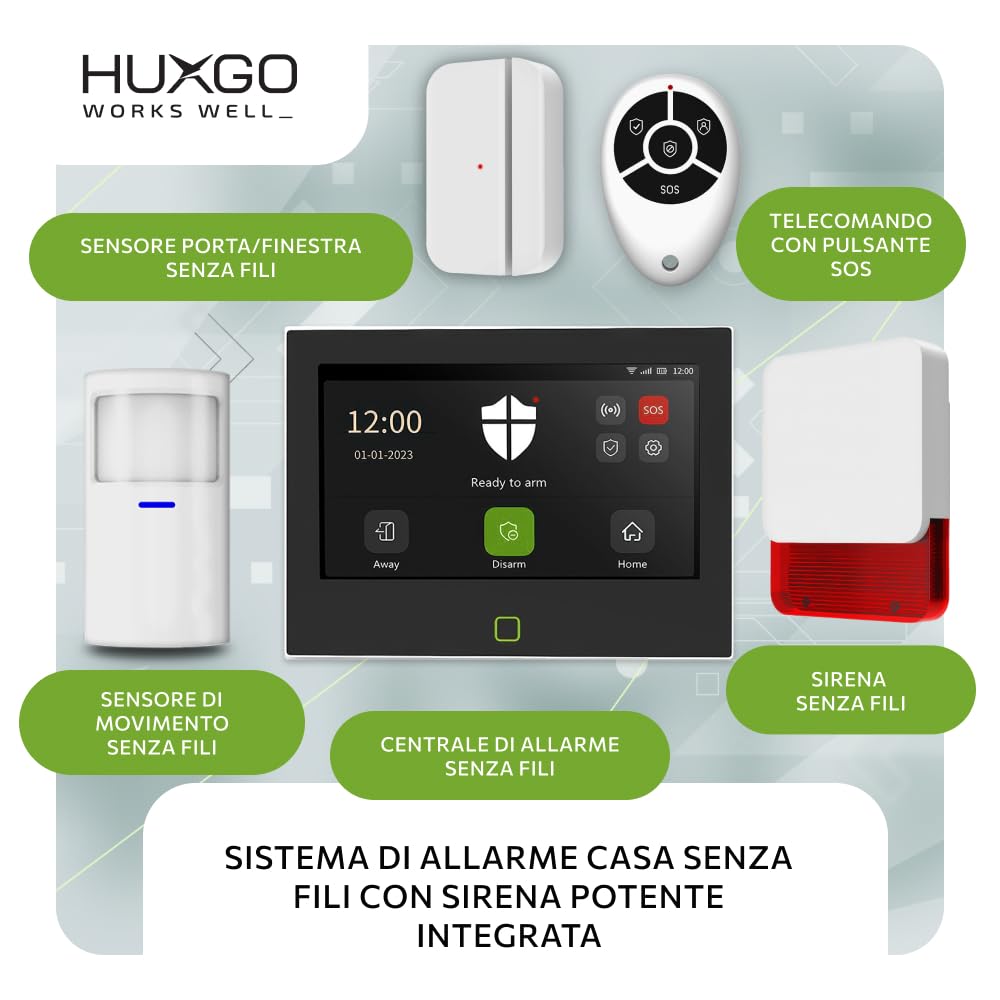 HXA700 Sistema allarme casa senza fili WiFi + GSM 4G con sirena esterna | Antifurto senza fili con 1x sensore PIR, 12x sensori porte/finestre | App TUYA Smartlife | Smart Home Security