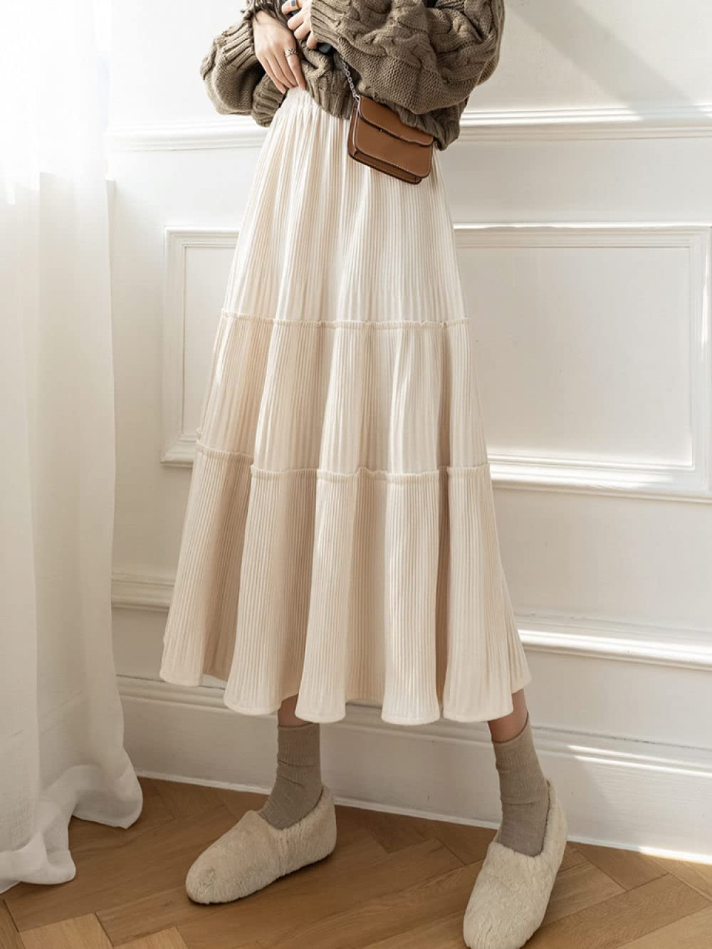 Faldas De Invierno para Mujer, Falda Fruncida De Albaricoque De Terciopelo Dorado Faldas Plisadas Elegantes para Mujer Cintura Elástica Falda Midi De Talle Alto(As Shown L)
