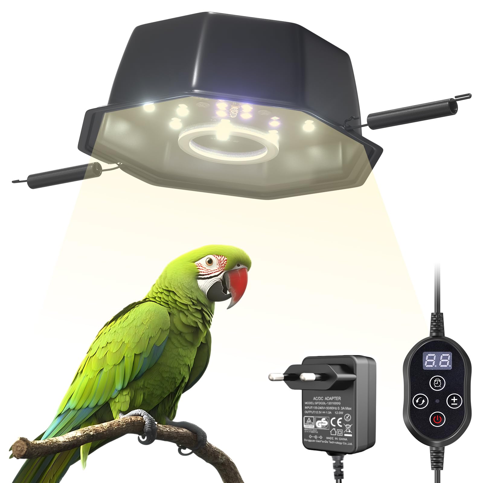 GlowUp Lampada per Uccelli UVB 2.4 10W, Luce LED a Spettro Completo per Uccelli con Cavo Resistente alla Masticazione, Dispositivo Ottagonale Dimmabile per Gabbia con Spina EU per Pappagalli