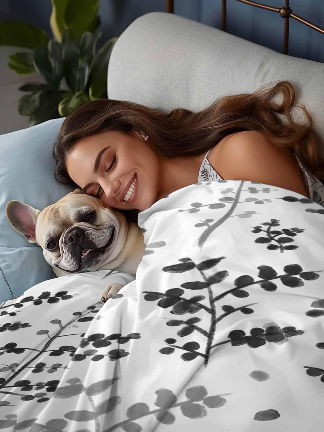 Top Sheet King Bedding Flat Sheet Only, Farmhouse Black Leafs Microfiber Bed Sheets Soft Breathable Bedding Flat Sheets, Country Style Plants Hotel Luxury Top Sheets