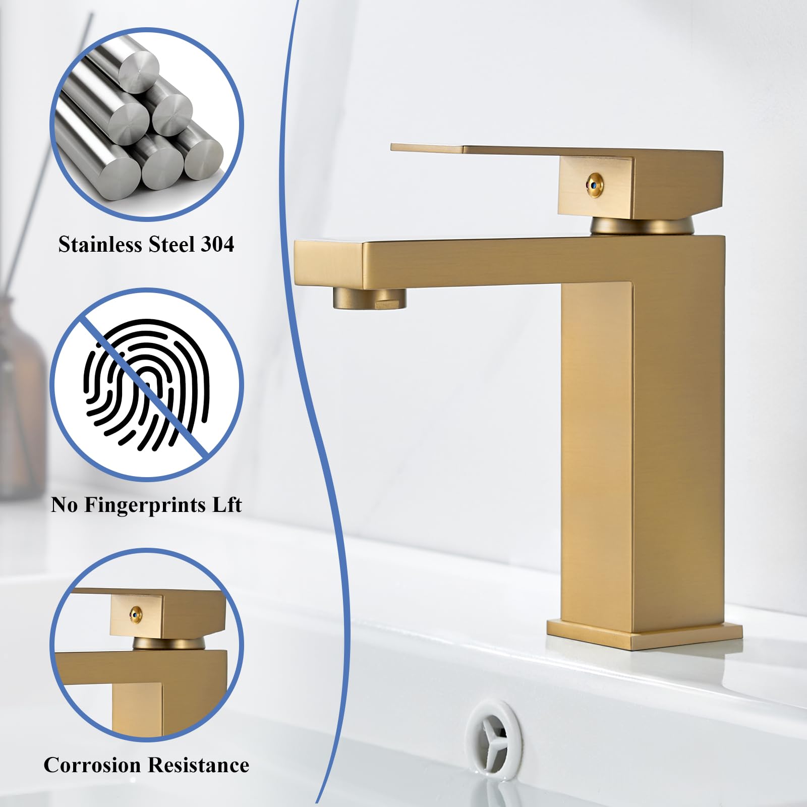 Gold Basin Tap with Waste, Bathroom Mixer Tap Gold Single Lever Bathroom Faucet - Image 4
