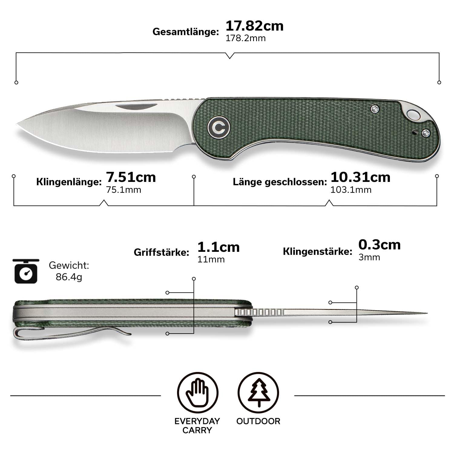 CIVIVI Elementum Slip Joint Taschenmesser Klappmesser 7,52 CM 14C28N Klinge Canvas-Micarta-Griff, Outdoor EDC-Messer C18062AJ-2 (Grün)