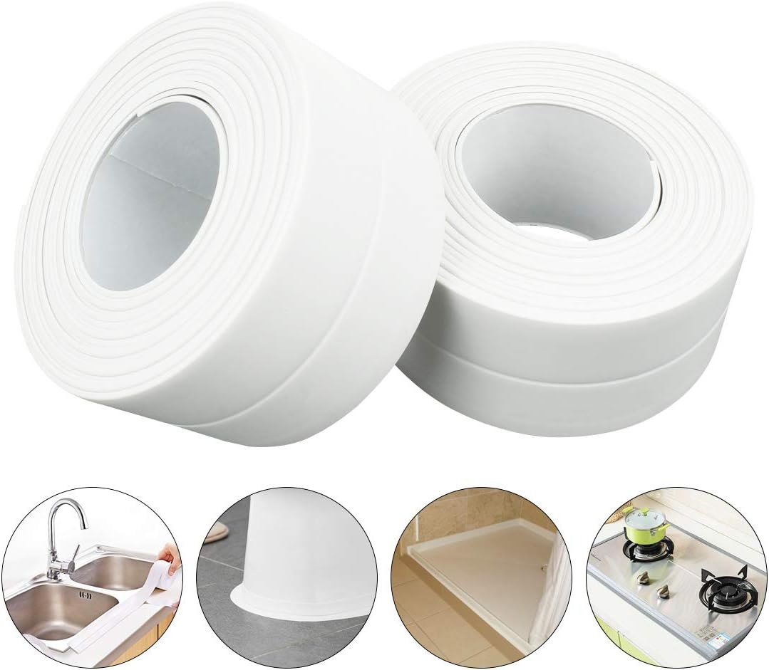 Caulk Strip for Bathtub Bathroom Pack of 2 Caulk Tape Self Adhesive PVC Waterproof Sealing Tape Edge Protector for Kitchen Countertop, Sink, Bathturb, Toilet, Gas Stove and Wall Corner, White