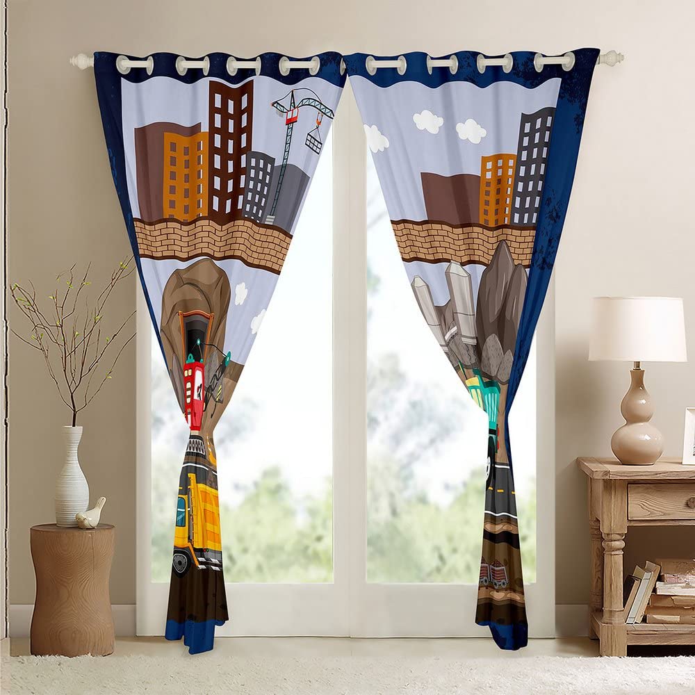 Cortinas Opacas para excavadoras de construcción de Dibujos Animados (30% – 50% – Cortina de vehículos para maquinaria Bulldozer Crane oscurecimiento Ventana Dreapes tratamientos de Ventana W66 x L