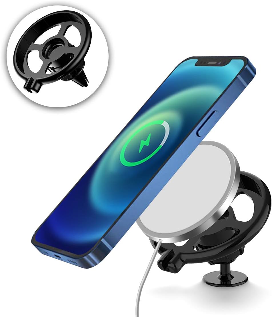2PCS Alquar for Magsafe Car Mount, Dashboard Mount Round & Air Vent Magsafe Stand Charger Case, 360° Phone Holder Pad Compatible with iPhone 12/12 mini/12 Pro/12 Pro Max (Black)