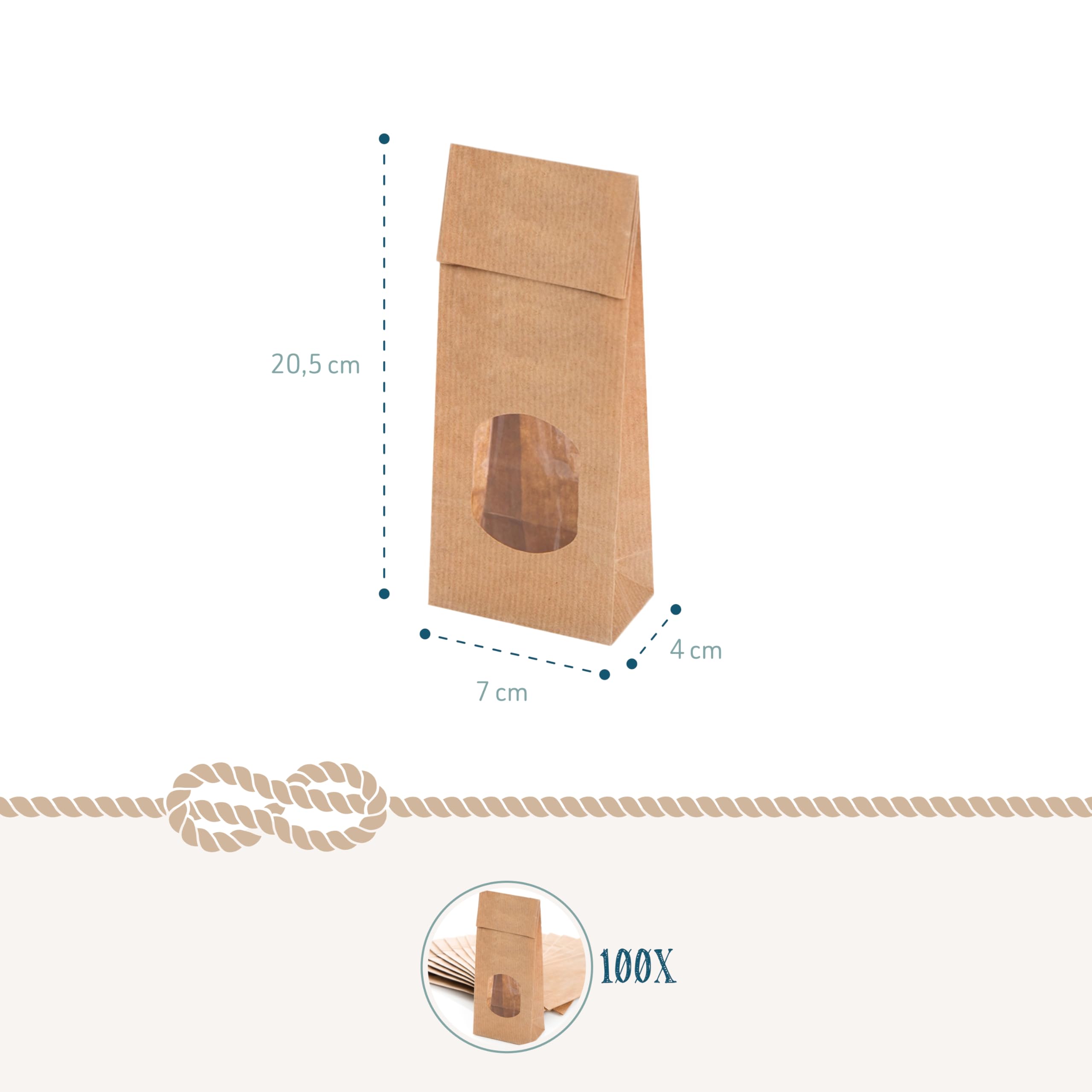 Sachets kraft avec fenêtre transparente, 100 pièces: petit sac papier cadeau fond plat, sachet alimentaire pour bonbons, thé épices, pochette emballage mariage & baptême, 7 x 4 x 20,5 cm