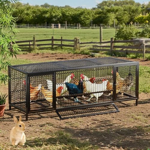 Moubhjd プロ仕様鶏小屋 鶏用ケージ 鳩小屋 大型鳥小屋 特大広々スペース 強化高密度メッシュ 360°暗号化保護 イタチ対策&ヘビ防止 上げ底&天窓デザイン ウサギ/モルモット/アヒル対応 耐候性屋外ペットケージ カギ付き安全設計(Color:黒,