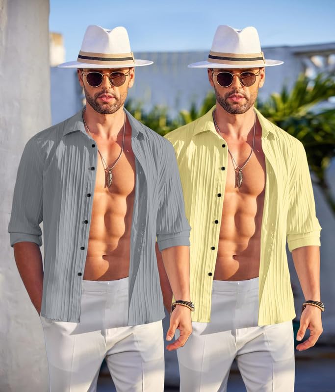 Image of FINIVO FASHION Men's Cotton Blend Shirt Set Lightweight, Full Sleeves, Plain Texture, Button Closure, Summer Ready (Pack of 2)