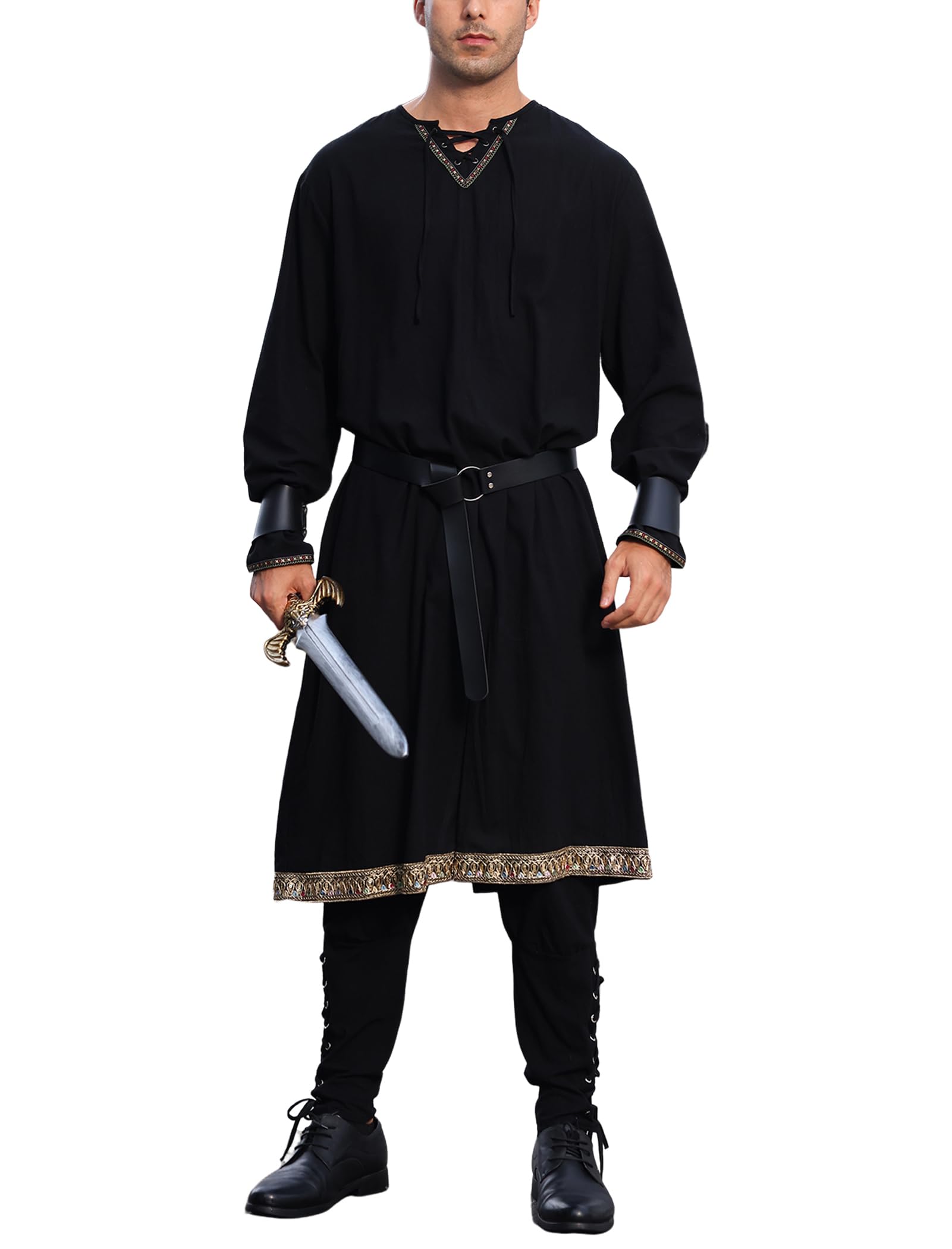 IDOPIP Medieval Viking Costume Men Tunic, Renaissance Fancy Dress Long Sleeved top Scottish Pirate Knight Outfit with Belt and Wristbands for Halloween Cosplay Black L