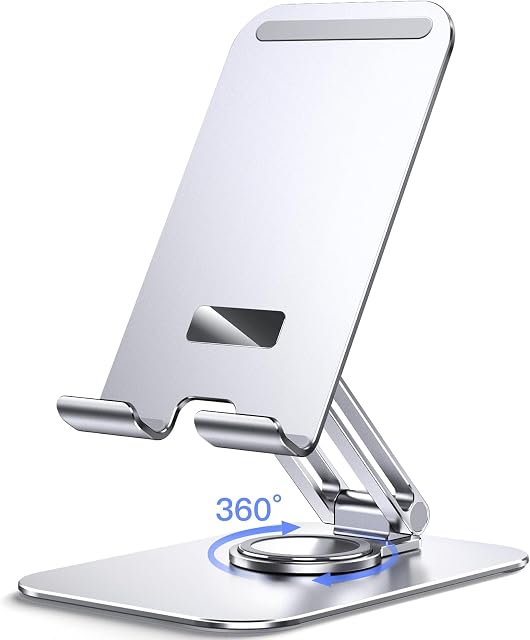 JETech Stojak na Tablet, Regulowany Obrotowy Uchwyt na Biurko z Obrotową Podstawą 360 Stopni, Składana Podstawka do Pad/iPad Pro/Air/Mini, Galaxy Tab A8/A7 Lite/A7/S8/S7, Tab/Phones(4-13"), Srebrny