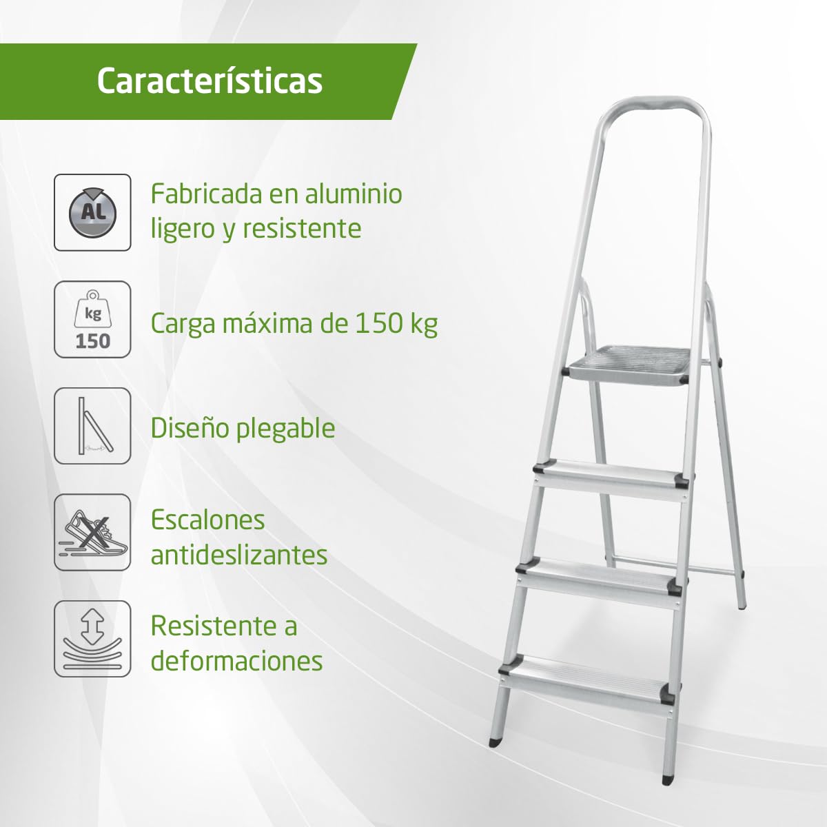 Amig - Escalera Plegable con 4 peldaños - Fabricado en Aluminio - Medida de Peldaños Pequeños: 28 cm x 8 cm - Medida de Peldaño Grande: 25 cm x 25 cm x 28 cm - Uso Doméstico - Carga Máxima: 150 kg