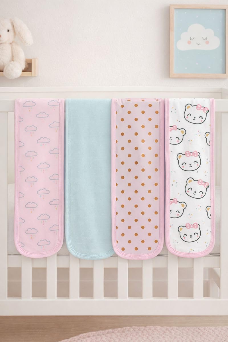 TuddyBuddy Baby Burp Cloth Towel Napkins for Baby Large 17x6 Inches, Fine Double Layer 100% Cotton (Assorted 4M, 50X20 Cms, Cats Clouds Dots Stripes) 1