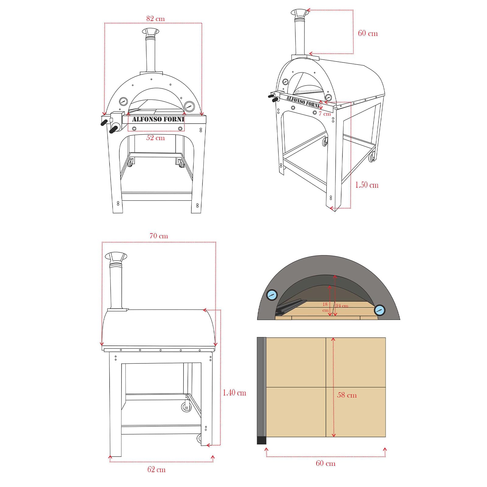 Forno pizza ibrido a gas e legna 2 pizze con tetto e carrello in acciaio inox, uso a legna o con bruciatore a gas, pietra refrattaria 3cm, 500 gradi, Made in Italy (Solo forno senza bruciatore)