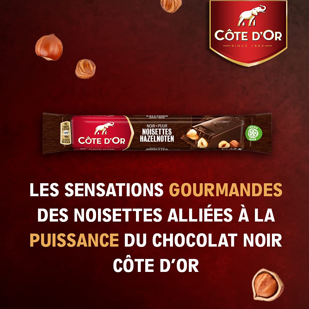 Cote d'Or, Bastoncino al Cioccolato Fondente con Nocciole, Tavoletta di Cioccolato con Cacao 100% Sostenibile, 32x45g (32 monoporzioni da 45g)