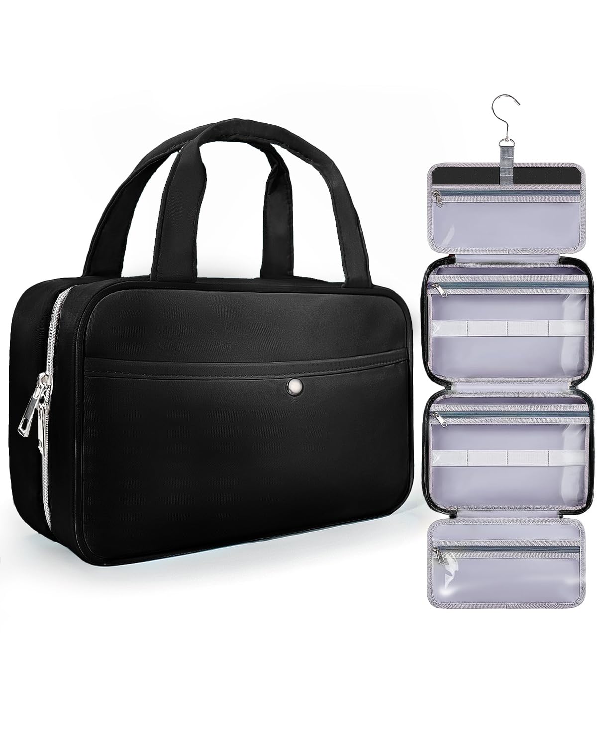 Chakipee Reise Kulturbeutel zum Aufhängen für Damen – Wasserdichter Kosmetiktasche Kosmetiktasche mit Klarfenster, Leichte Waschtasche für Essentials, Make-up, Shampoo, Kulturtasche,Schwarz, Mittel