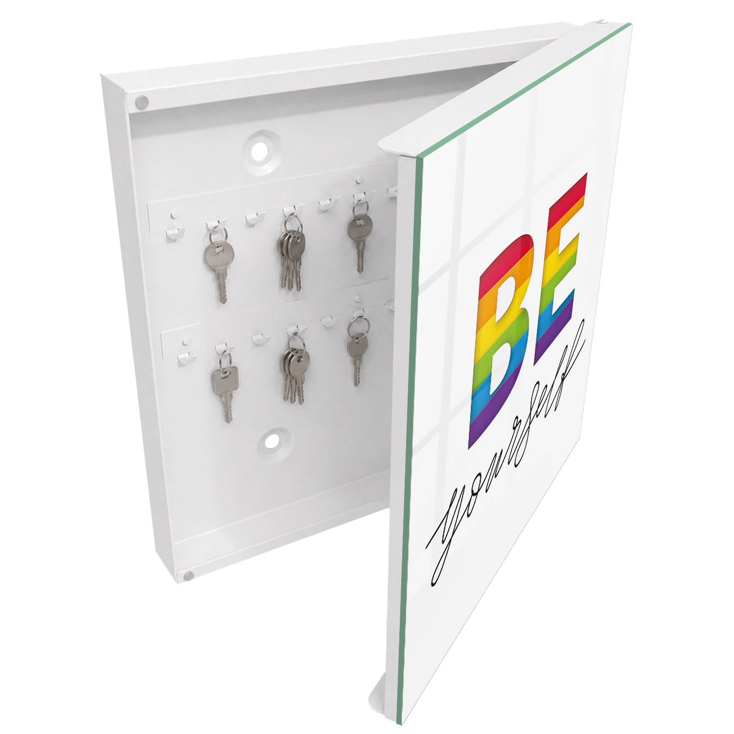 Tulup Armario para Llaves 30x30 cm | Blanco | Derecha | Montaje en Pared | Motivación auténtica | de Metal | Frente Decorativo de Cristal | Kit de Montaje Incluido | Organizador | 50 Ganchos