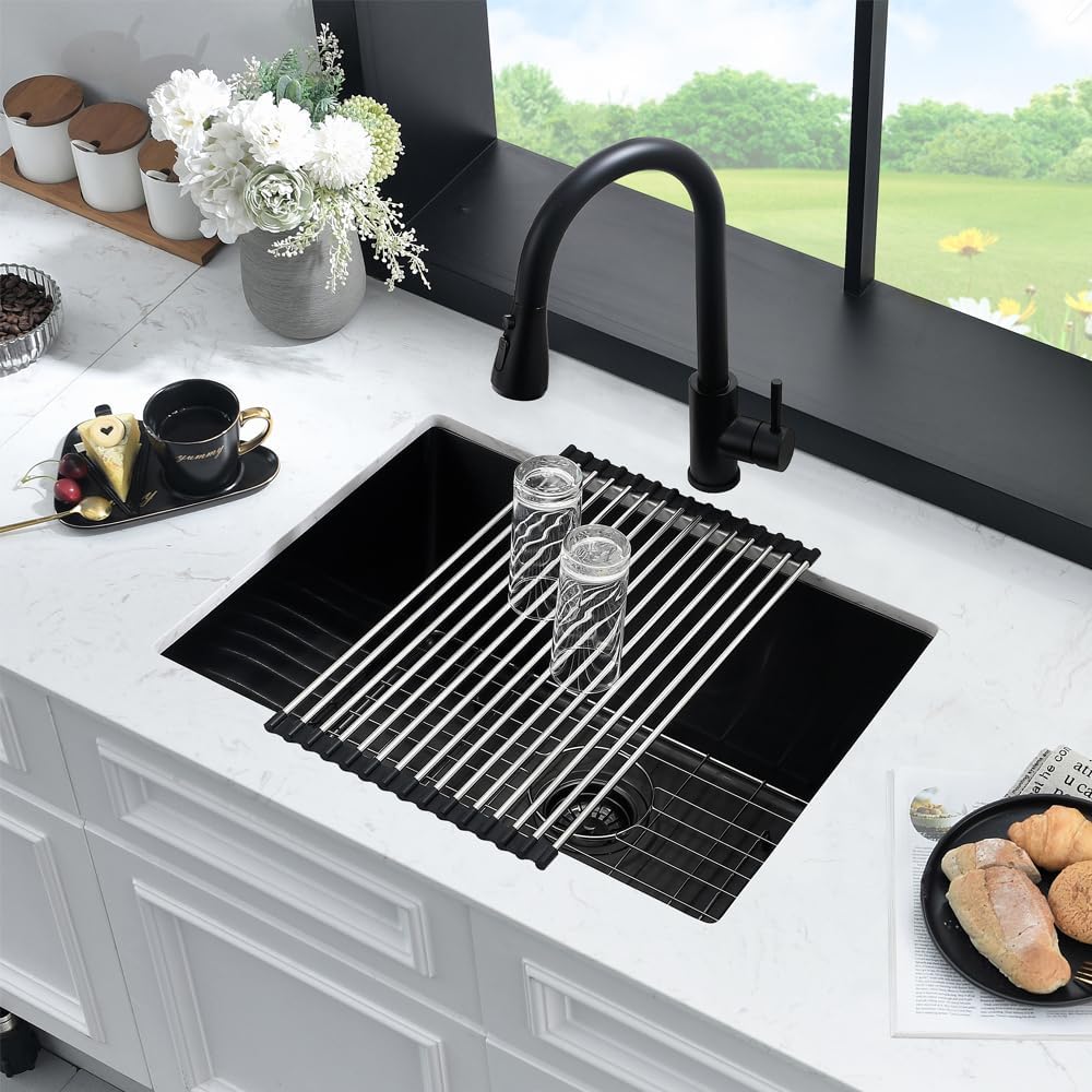 Black Undermount Laundry Sink -HLBLFY 24x18x12 Inch Black Stainless Steel Laundry Room Sink Undermount Utility Sink 16 Gauge Single Bowl Deep Kitchen Sink with Roll Up Rack