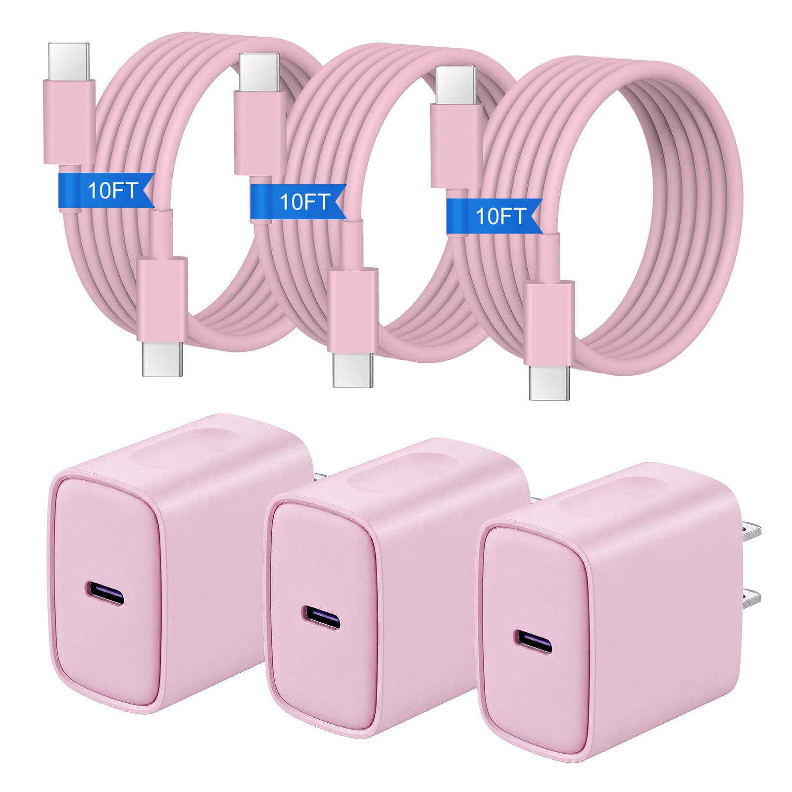 iPhone Duo Charger,iPhone 18 17 16 15 Charger & 10FT Cable 3+3Pack -Pink