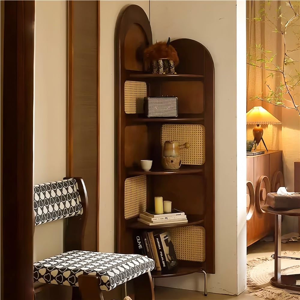 Ghyqwsld Vintage Corner Bookshelf with Rattan, Corner Bookshelf with Display Rack, Open Book Case, 5-Tier Storage Display Rack for Bedroom, Living