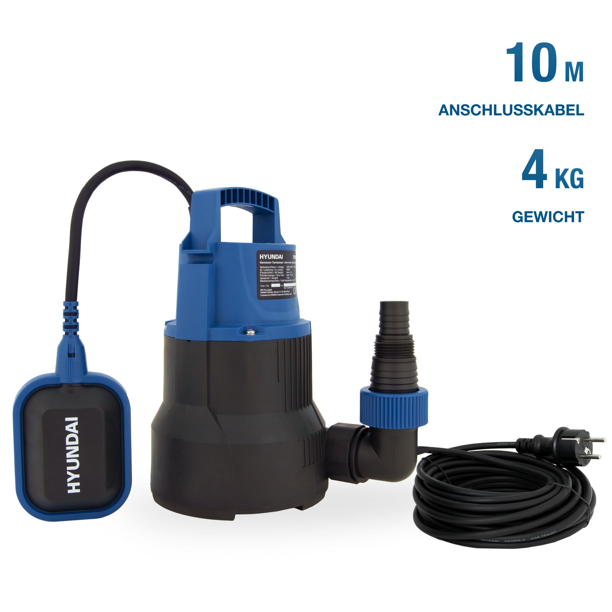HYUNDAI Klarwasser-Tauchpumpe TP40009C | flachsaugend | 400 W, Fördermenge 9.000 l/h, | Eintauchtiefe: max. 7 m, Förderhöhe: max. 6 m | Partikelgrösse: max. 5 mm | Schwimmschalter