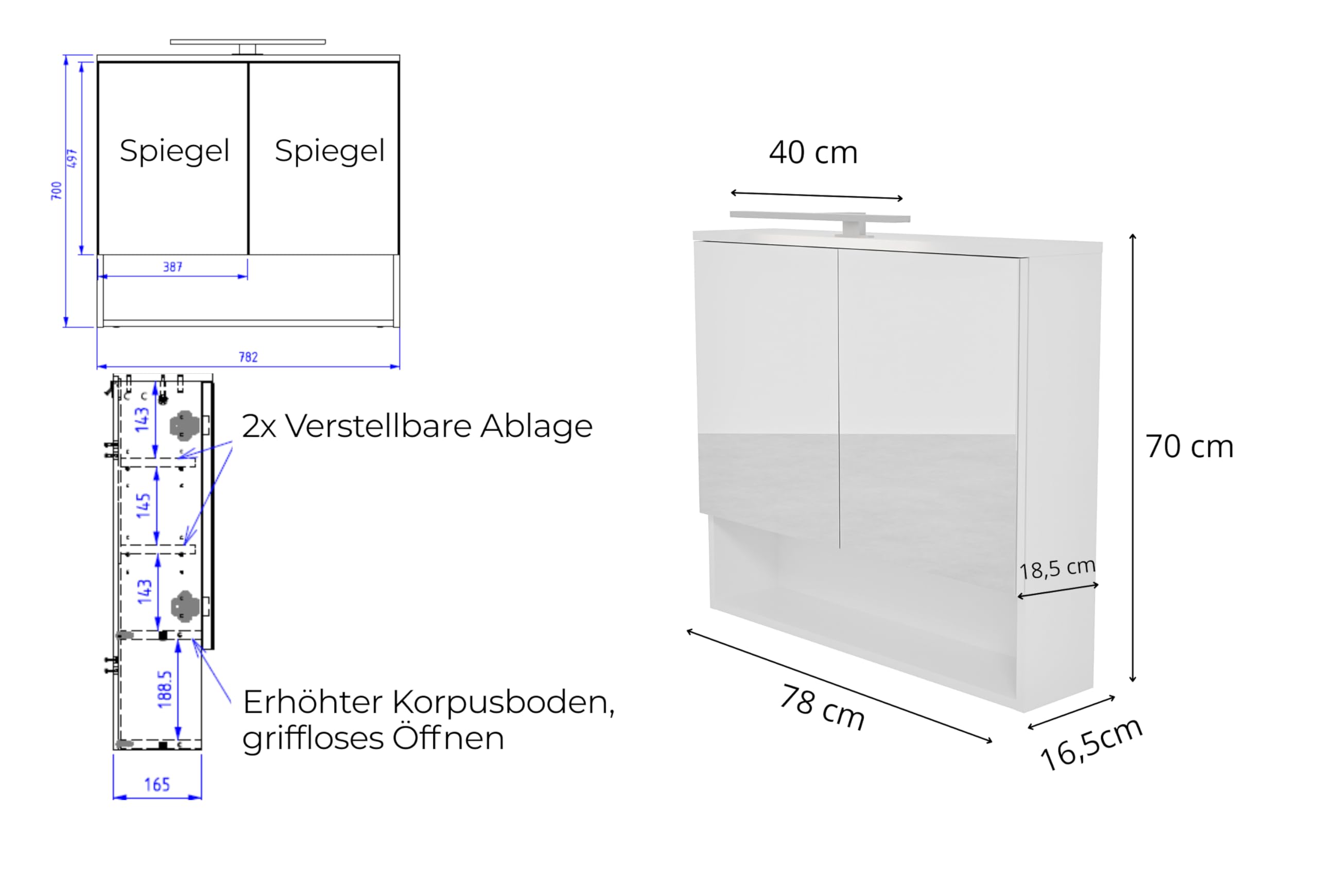 Szafka Łazienkowa LED Biała Mat Wisząca Dwudrzwiowa z Lustrem - 78x70 cm - Funkcja cichego domykania - Szafka ścienna z oświetleniem LED 4000 k do łazienki Wodoszczelność IP44