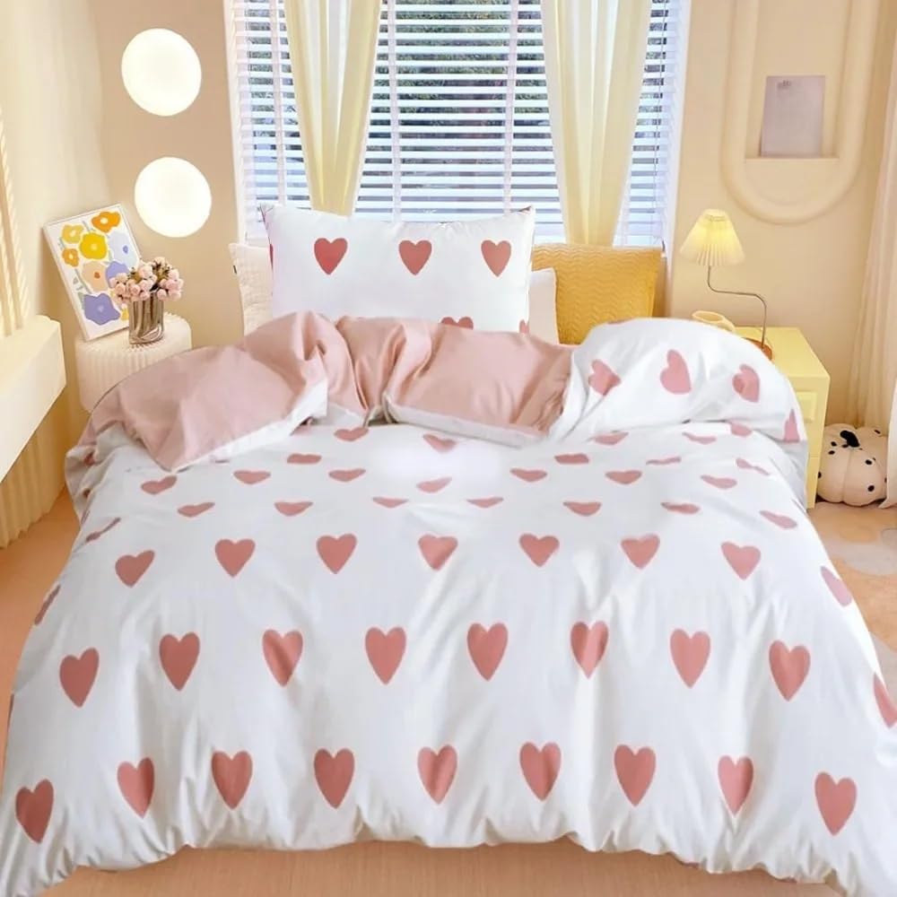 Housse de couette rose cœur motif mignon kawaii 200x200 pour parure de lit fille en microfibre