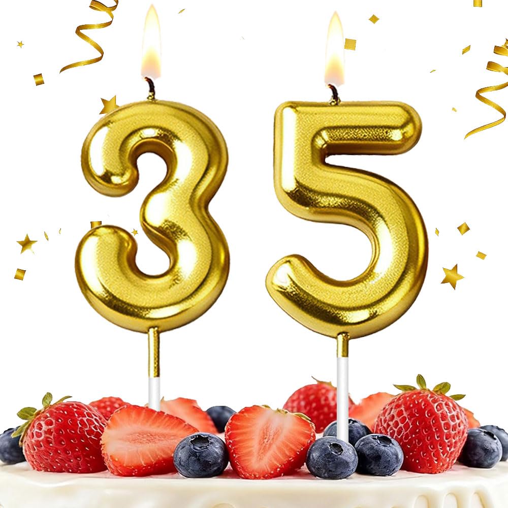 Hlwgfjdy Gold 35Th Birthday Candles Number 35 Cake Topper Happy Birthday Cake Decorations For 35Th Birthday Party, Candles For Birthday Anniversary Celebration Party Supplies