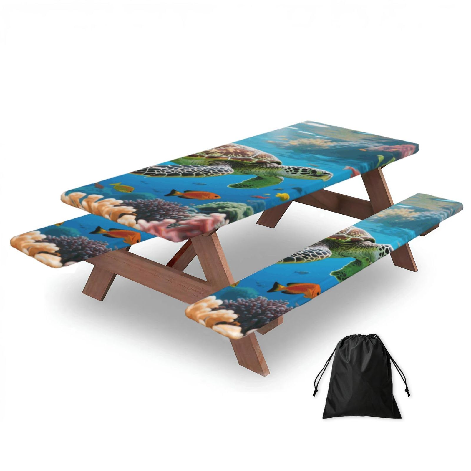 FekiLoot Sea Turtle Colorful Fish Picnic Table Cover with Bench Covers and Bag, Windproof Waterproof Rectangle Tablecloth with Elastic Edges Fitted Camping Table Covers for Picnic Party Travel