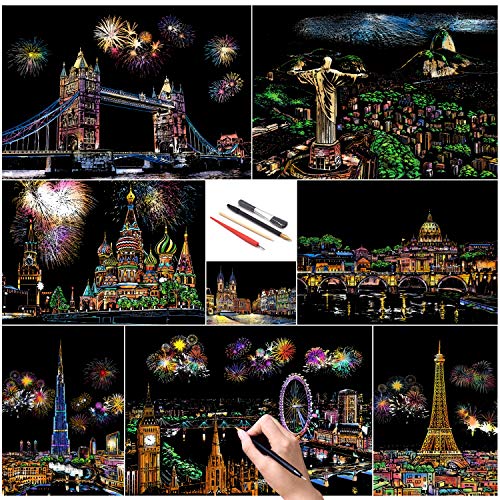 SiYear Scratch Paper Rainbow Painting Sketch, City Series Night Scene, Scratch Painting Regalo Creativo, Scratchboard para Adultos y niños con 4 Herramientas
