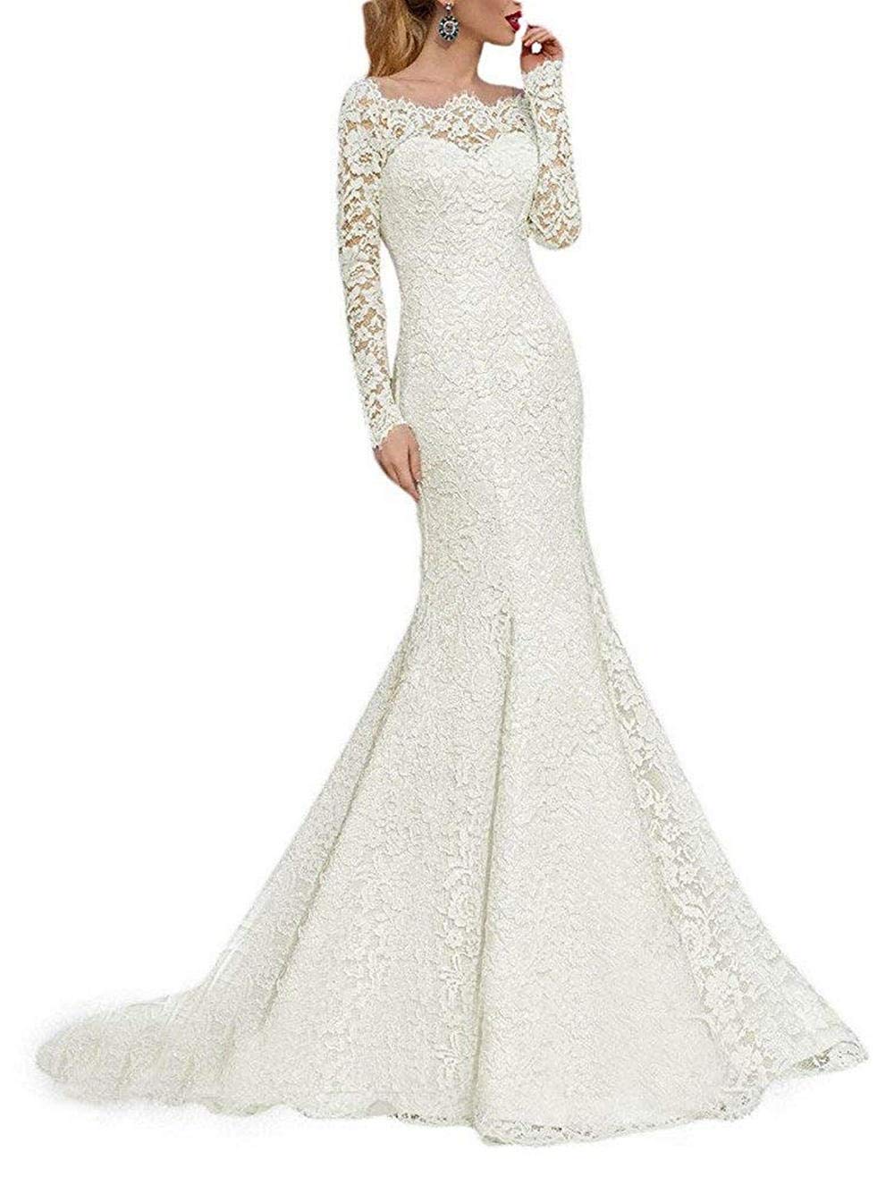 RONGLONG Abito da Sposa Lungo delle Donne Mermaid Pizzo Bridal Fashion Manica Lunga, Bianco Avorio, 50