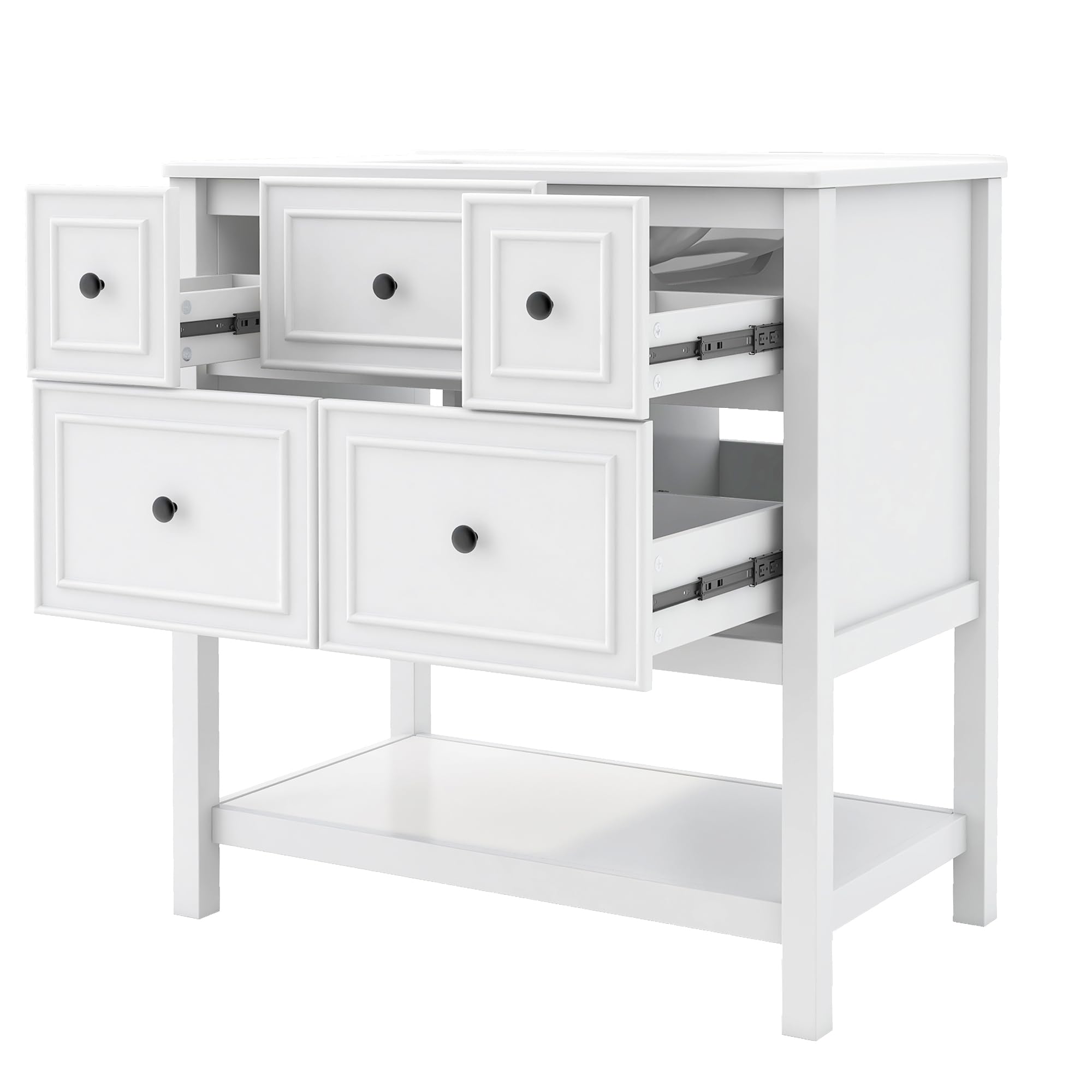 Mobile sottolavabo bianco con lavabo in ceramica, 76 cm, autoportante, con 5 cassetti e ripiano aperto, per bagno di casa e WC degli ospiti