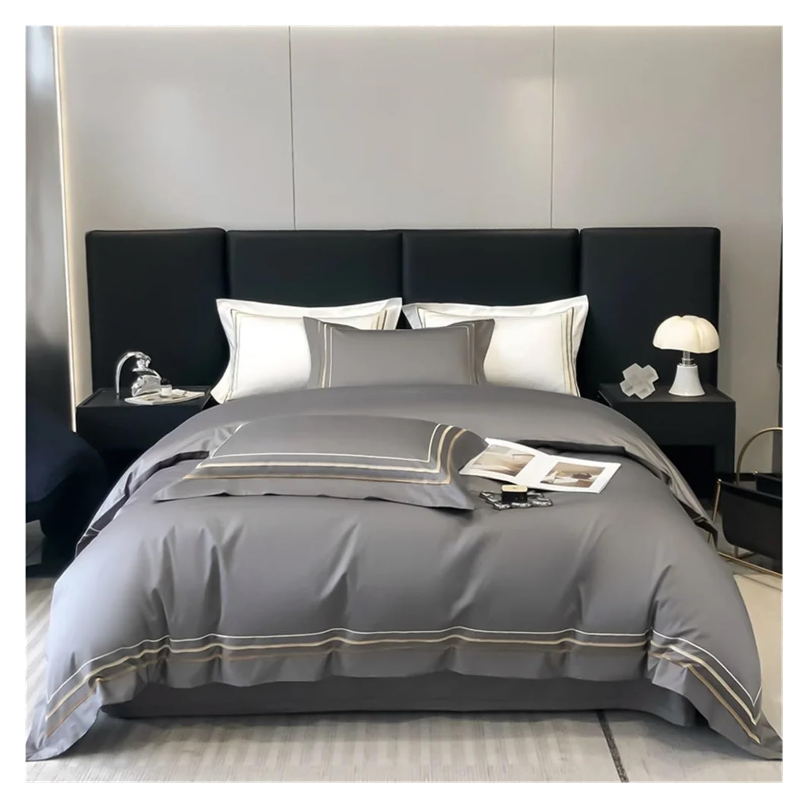 ZXGRfdefa Bedding Set, 100% Egyptian Cotton Bedding Cover Sets,Lines European Embroidery 600TC Duvet Set Queen King Size Bedlinens(Gr?,King)