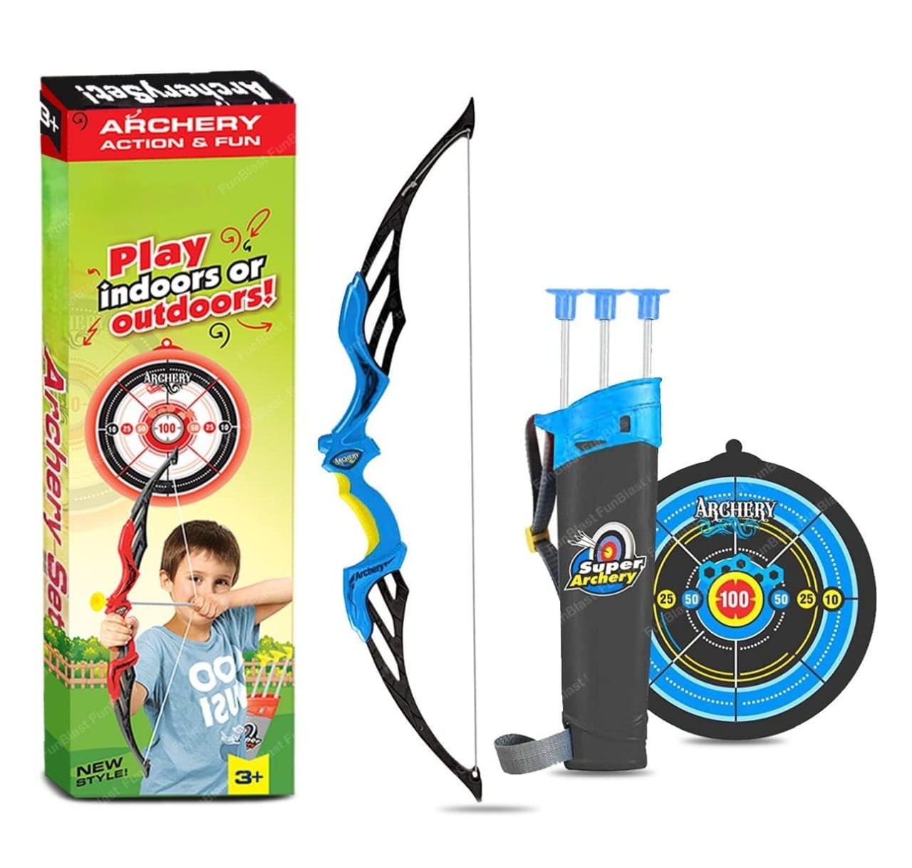 Planet of Toys Super Archery Set for Kids with Bow and Arrow Set with Dart Target Board, Colourful with 3 Suction Cup Tip Arrows - Blue