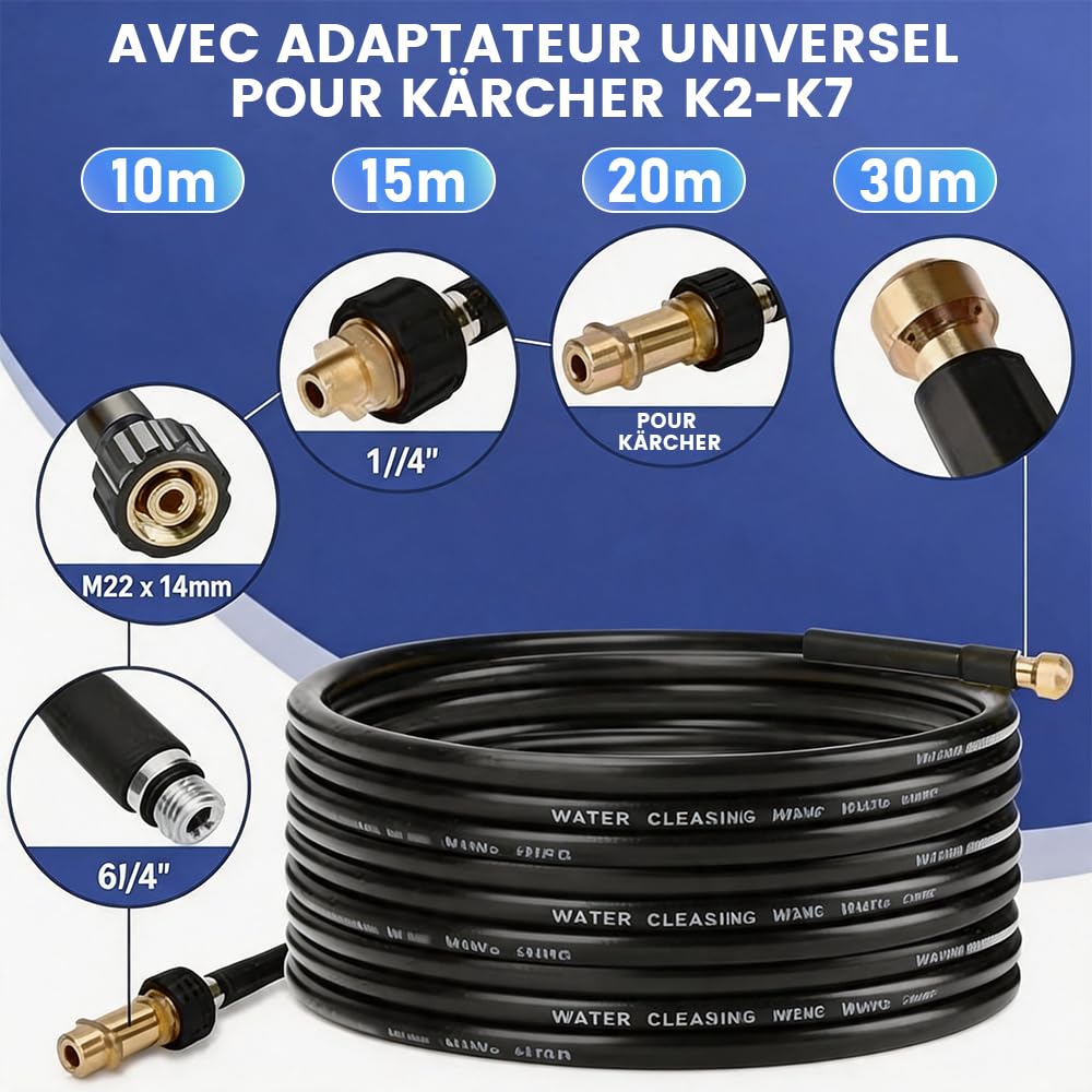 Tuyau Déboucheur Canalisation pour Nettoyeur Haute Pression 20m 180bar avec Sac & Adaptateur M22, Kit Furet Professionnel Buse 4 Jets, Compatible avec Kränzle Kärcher K2, K3, K4, K5, K6, K7