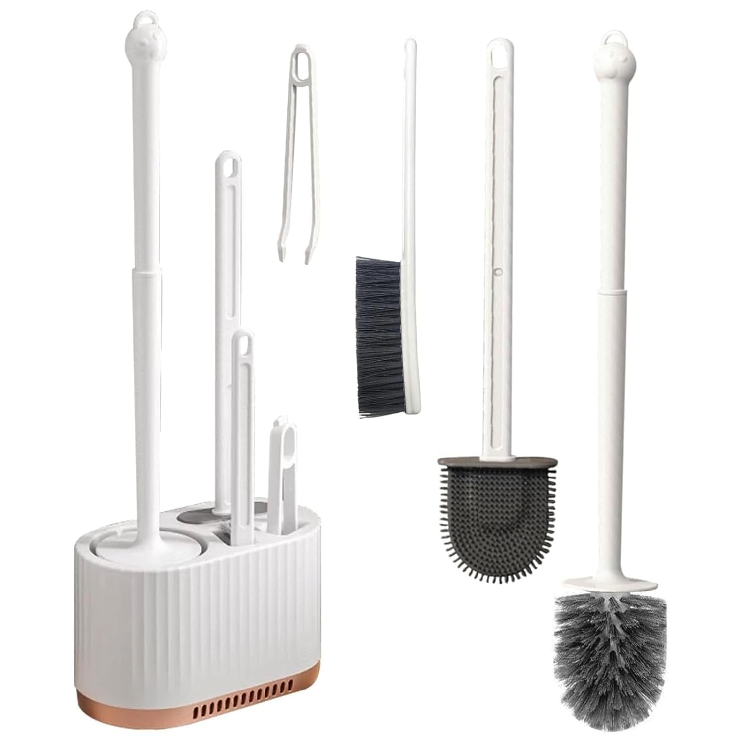RIVIOX 3 in 1 Toilet Bowl Brush and Holder Wall Mounted Silicone Flat Toilet Cleaner Set Cleaning Tool Bathroom Cute Tool Toilet Scrubber Long Handle Toilet Brush with Plastic Handle-image-42