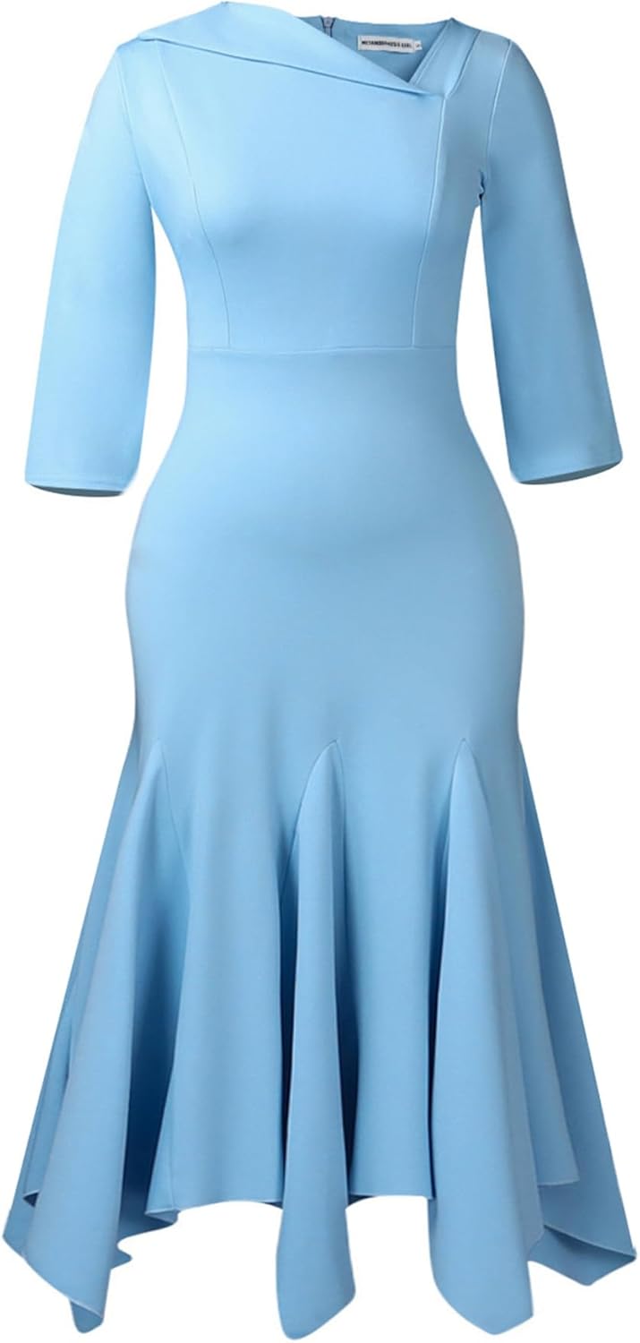 SHINFY Women's Elegant Midi Formal Dress 3/4 Sleeve Asymmetrical Neck Ruffle Hem Bodycon Cocktail Church Dresses - Image 4