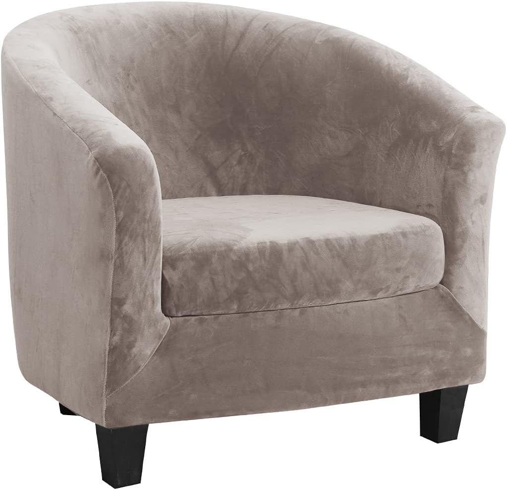 MIFXIN Tub Chair Slipcover 2-Piece Velvet Barrel Club Chair Covers with Cushion Cover Stretch Soft Washable Armchair Sofa Couch Furniture Protector for Living Room Hotel Cafe (Khaki)