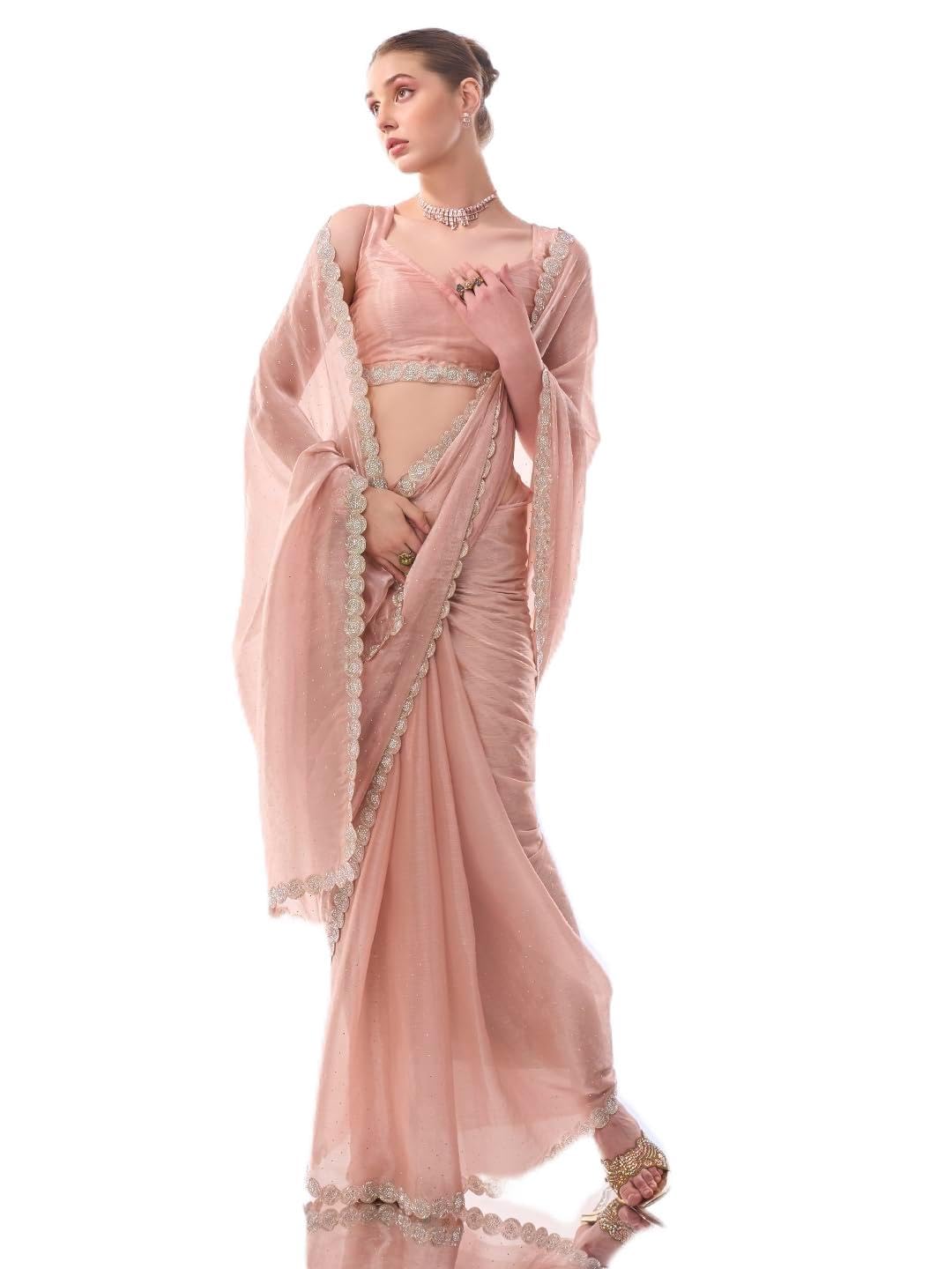 Women's Chiffon Saree And Unstitched Blouse Piece With All Over Fix Diamond And Bead Lace Work | Sari For Women - Review, Price and Buying Guide