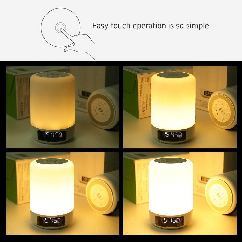 Night Light & Alarm Clock with Bluetooth Speaker, Smart Touch Sensor Bedside Lamp, (Dimmable 3 Level Warm White Light & Six Color Changing RGB, Micro SD Supported) SZD-11