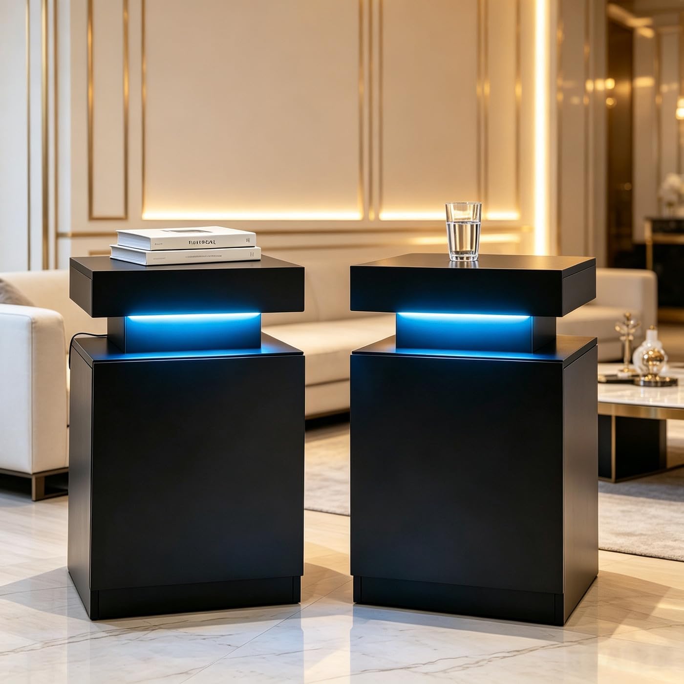 Black Nightstands Set of 2, Modern End Table with LED Lights, Bedside Table with Large Storage, 2 Night Stands for Bedrooms