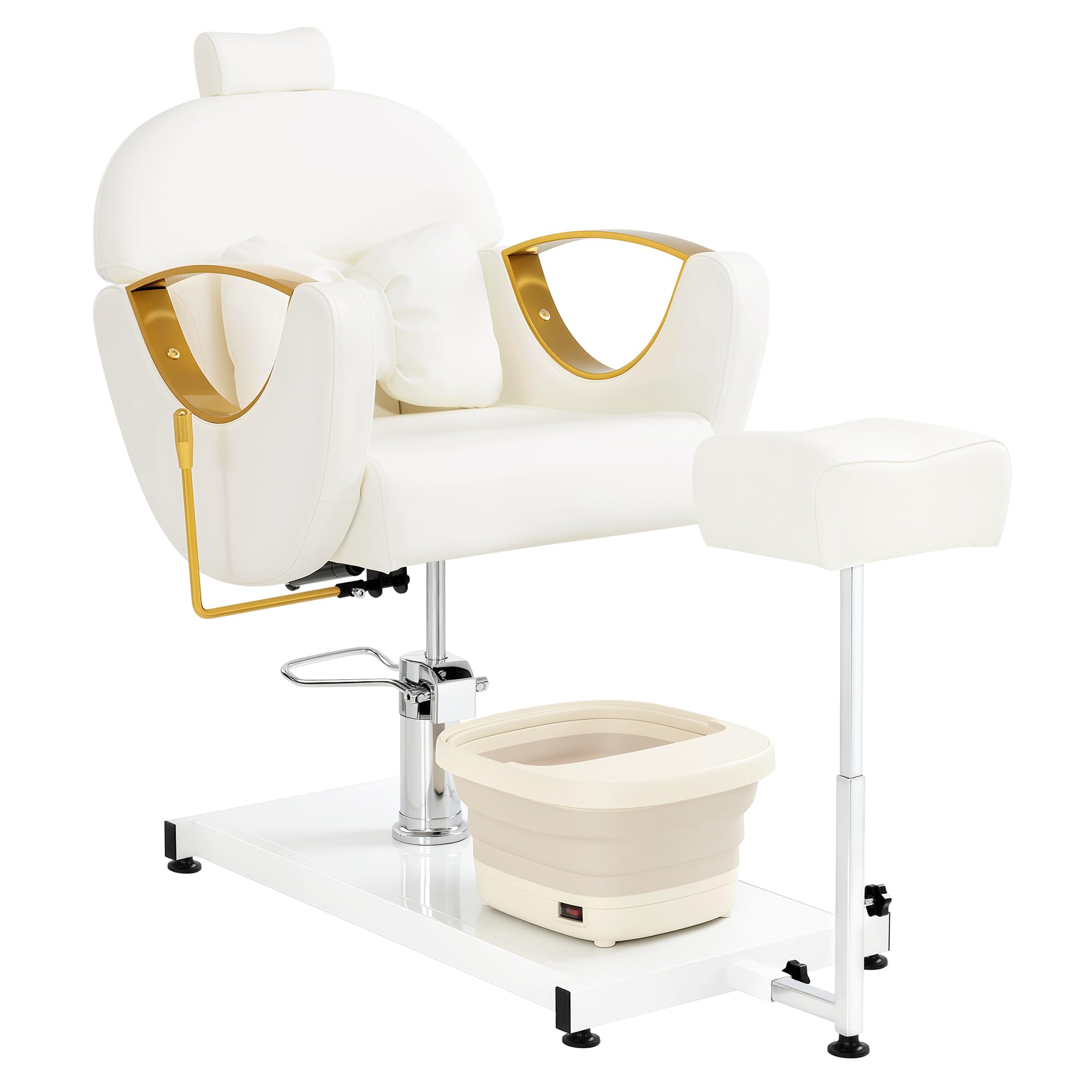 Barberpub Pediküre Stuhl mit Fußbadewanne & Pediküre Hocker, Friseurstuhl mit Goldlackierten Armlehnen, Höhenverstellbar & Kippbar, Fußpflegestuhl für Nagelstudio F0325 (Gold-Weiß)