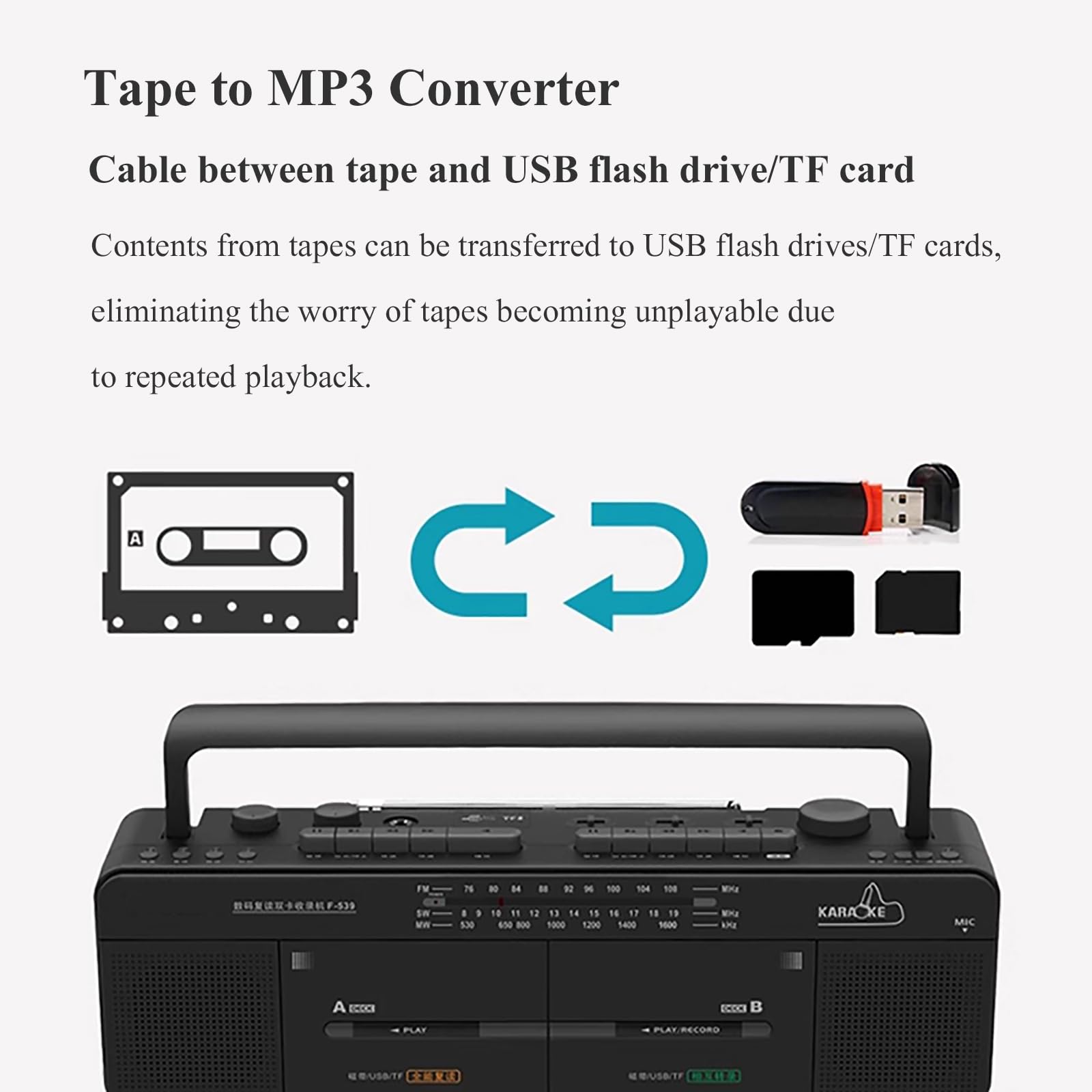 Kassettenrekorder, Multifunktionaler Dual-Card-Recorder, Unterstützt Die Wiedergabe Von U-Disk/TF-Karte, Bänder Können Auf U-Disk Und TF-Karte Übertragen Werden, AC/DC-Dual-Mode-Netzteil