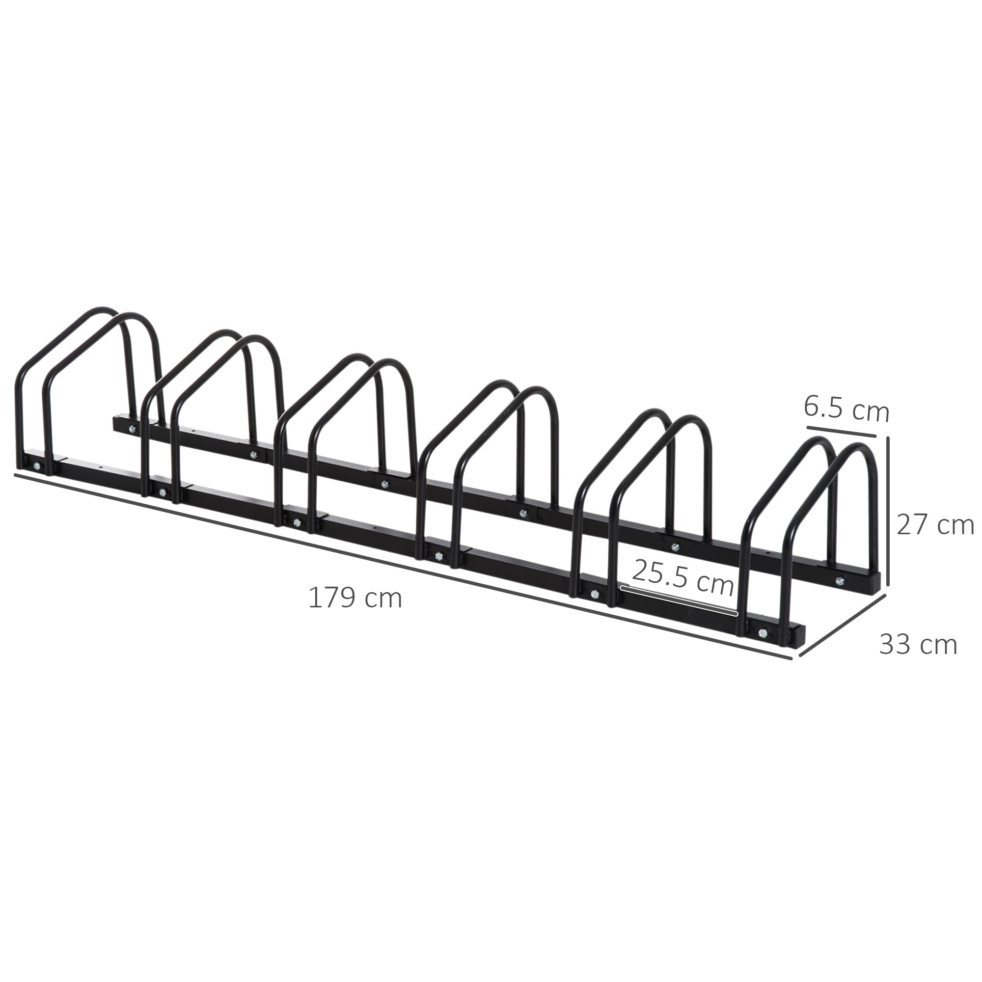 HOMCOM Rastrelliera Biciclette da Pavimento o Parete, Portabici da Terra per 6 Biciclette in Acciaio, Ruote Fino 65 mm, 179x33x27 cm, Nero