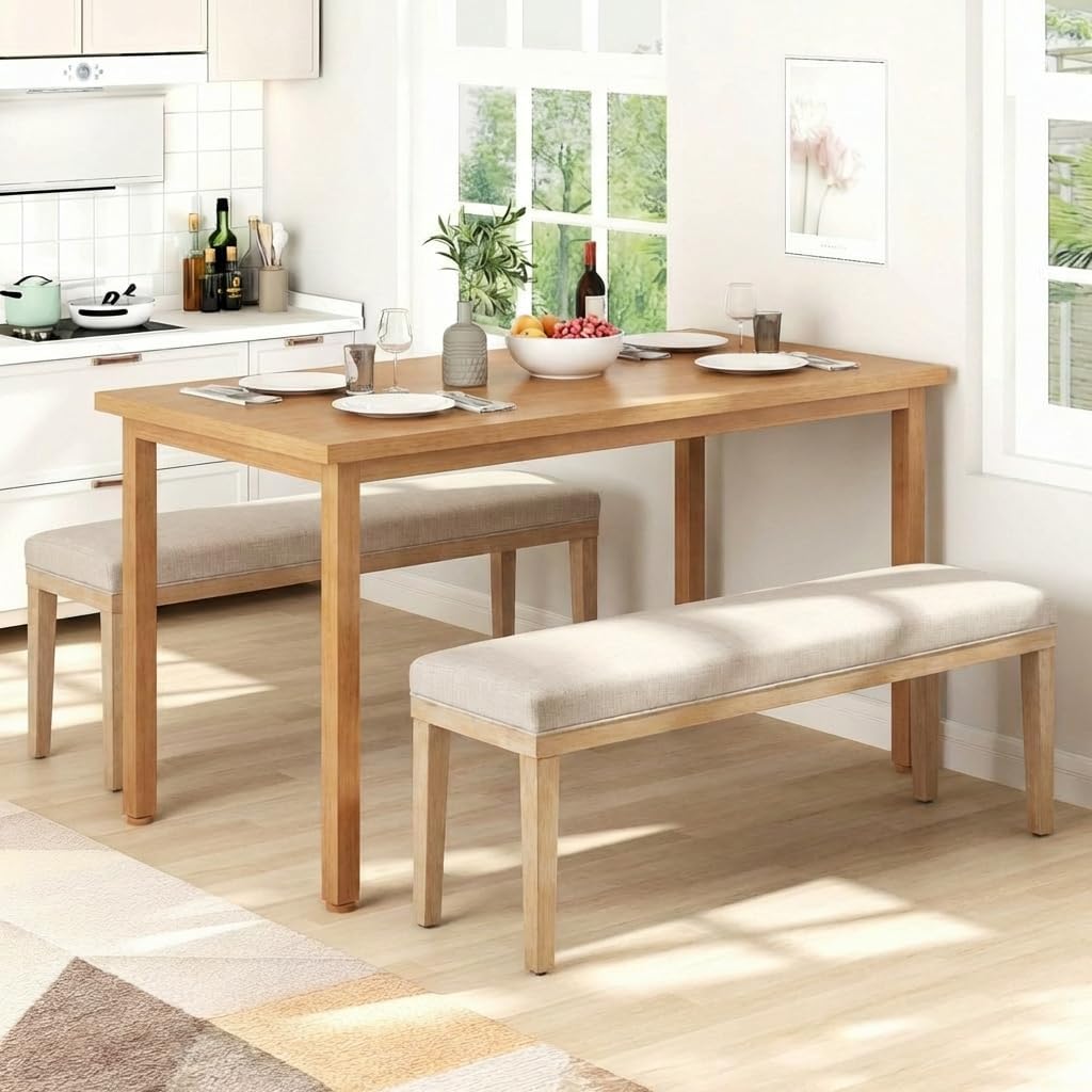 YOUNIKE 52.7" Upholstered Fabric Bench Thick Modern Table Benches with Solid Wood Legs Farmhouse Kitchen Dining Bench with Comfy 4.72" Cushion for Entryway Hallway Bedroom End of Bed Living Room Beige