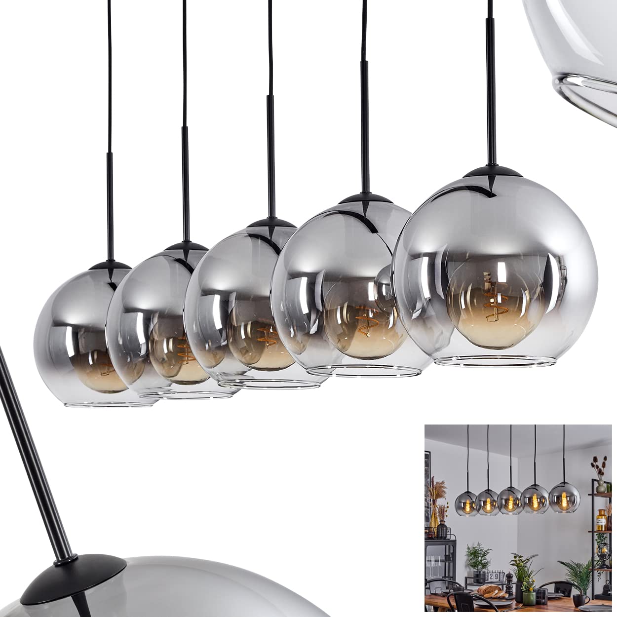 Koyoto Hanging Light, Hanging Light Made of Metal/Glass in Black/Smoke/Clear, 5-Flame lamp in Vintage/Retro Design with Glass lampshades (Ø 20 cm), Height max. 152.5 cm, 5 x E27, Bulbs not Included